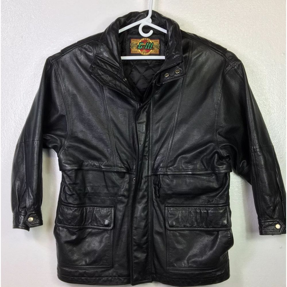 Vtg G-III 100% Leather Global Identity Coat Mens Sz L Black Lined Full Zip Retro